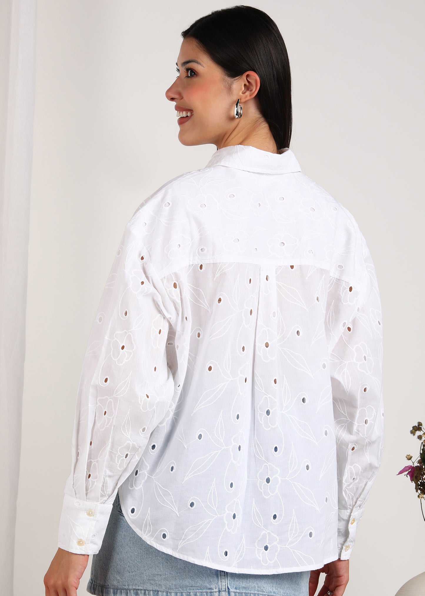 White Cotton Schiffli Shirt