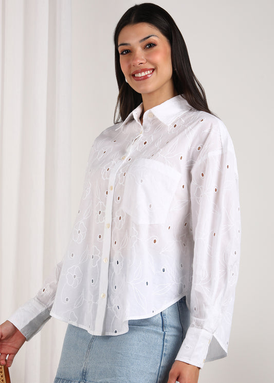 White Cotton Schiffli Shirt